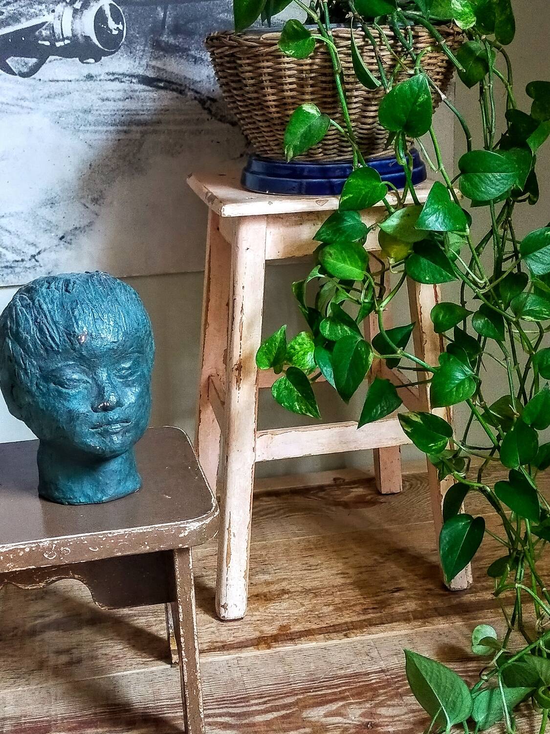 Antique workshop stool in patinated solid wood