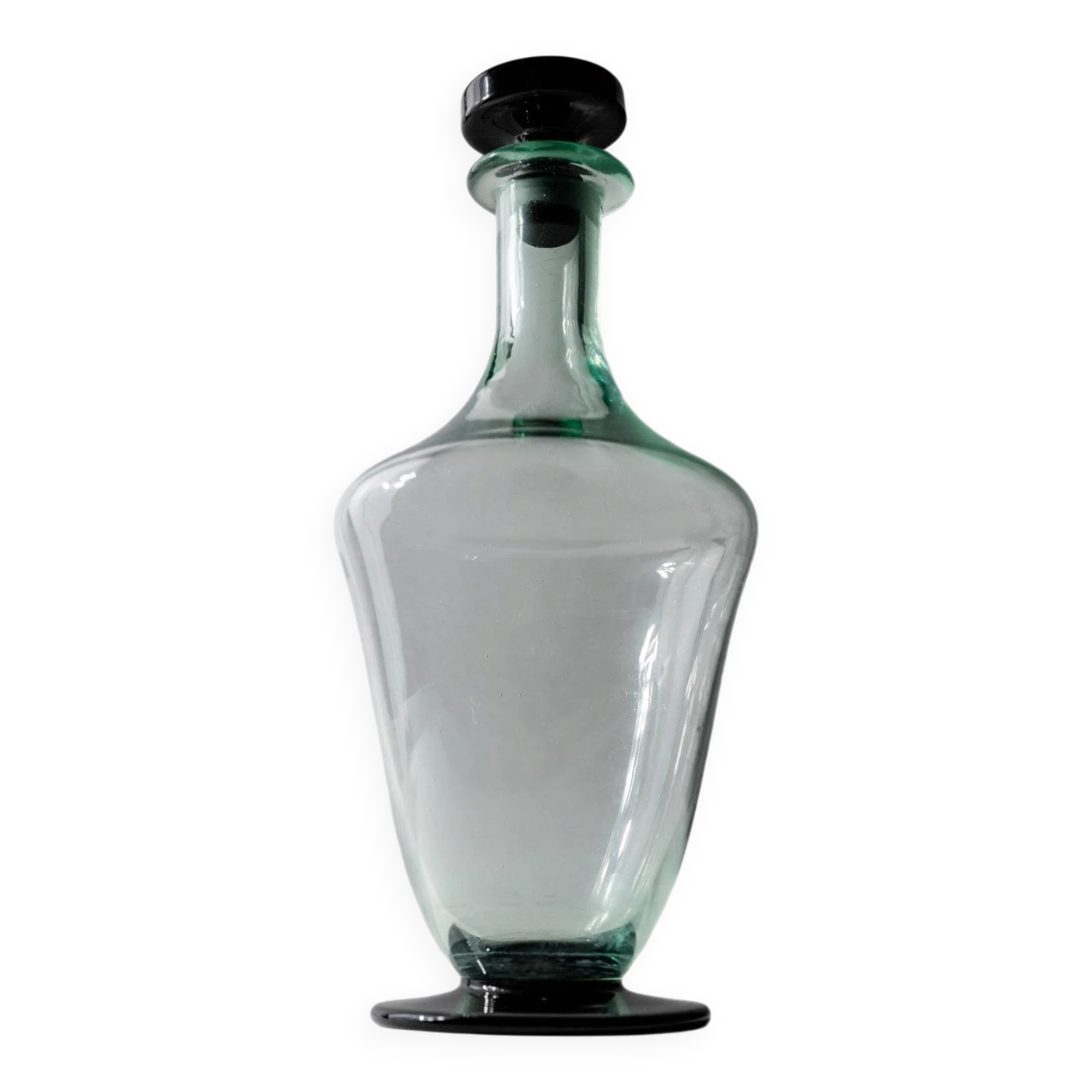Vintage Murano glass carafe from the 1960s, green and black, with a stopper.