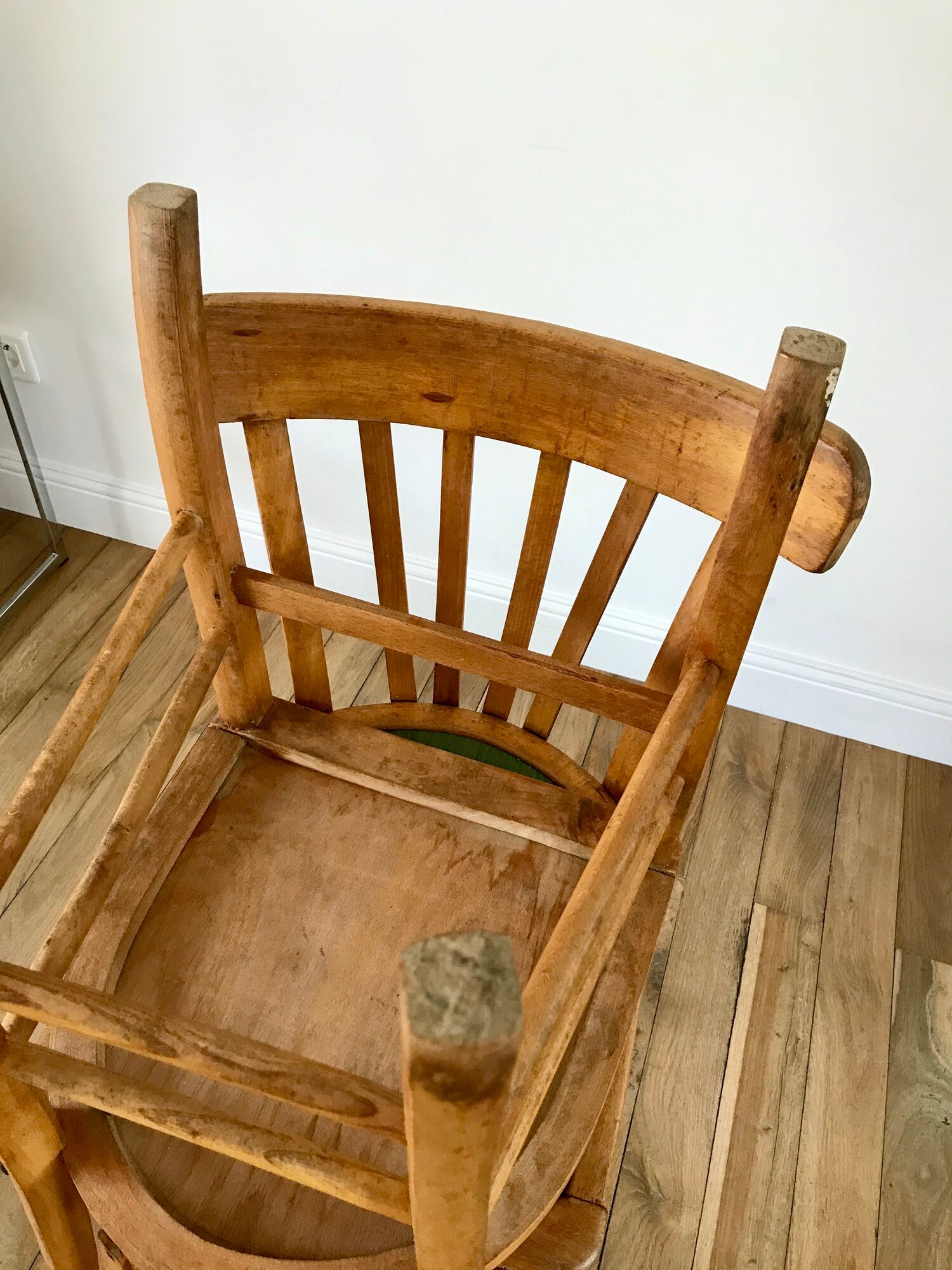 Pair of bistro chairs in light curved wood and green seat 1950s