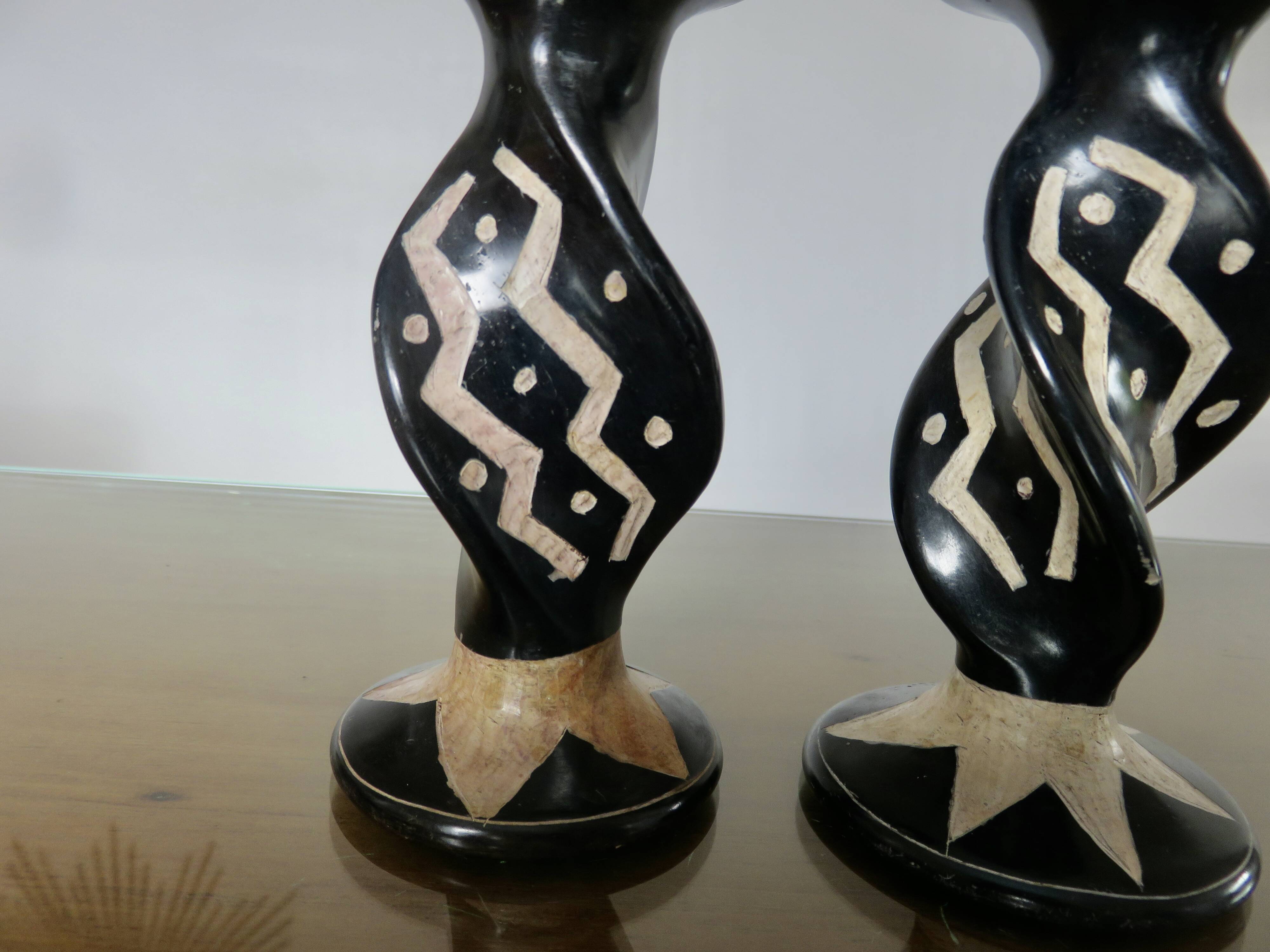 Pair of ethnic soapstone candlesticks, African craftsmanship 1980
