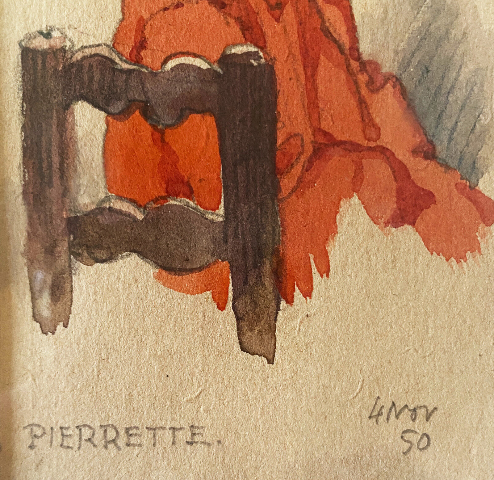 Watercolor painting "young girl" Pierrette dated 1950 and frame