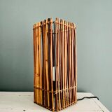 Cube lamp in vintage wood and wicker