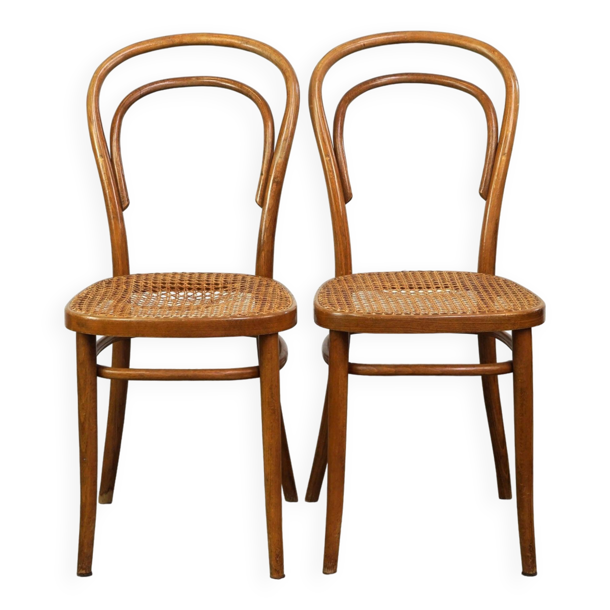 Lovely set of 2 brown vintage bistro chairs with woven seats