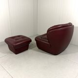 French burgundy leather space age lounge chair & footstool 1970’s
