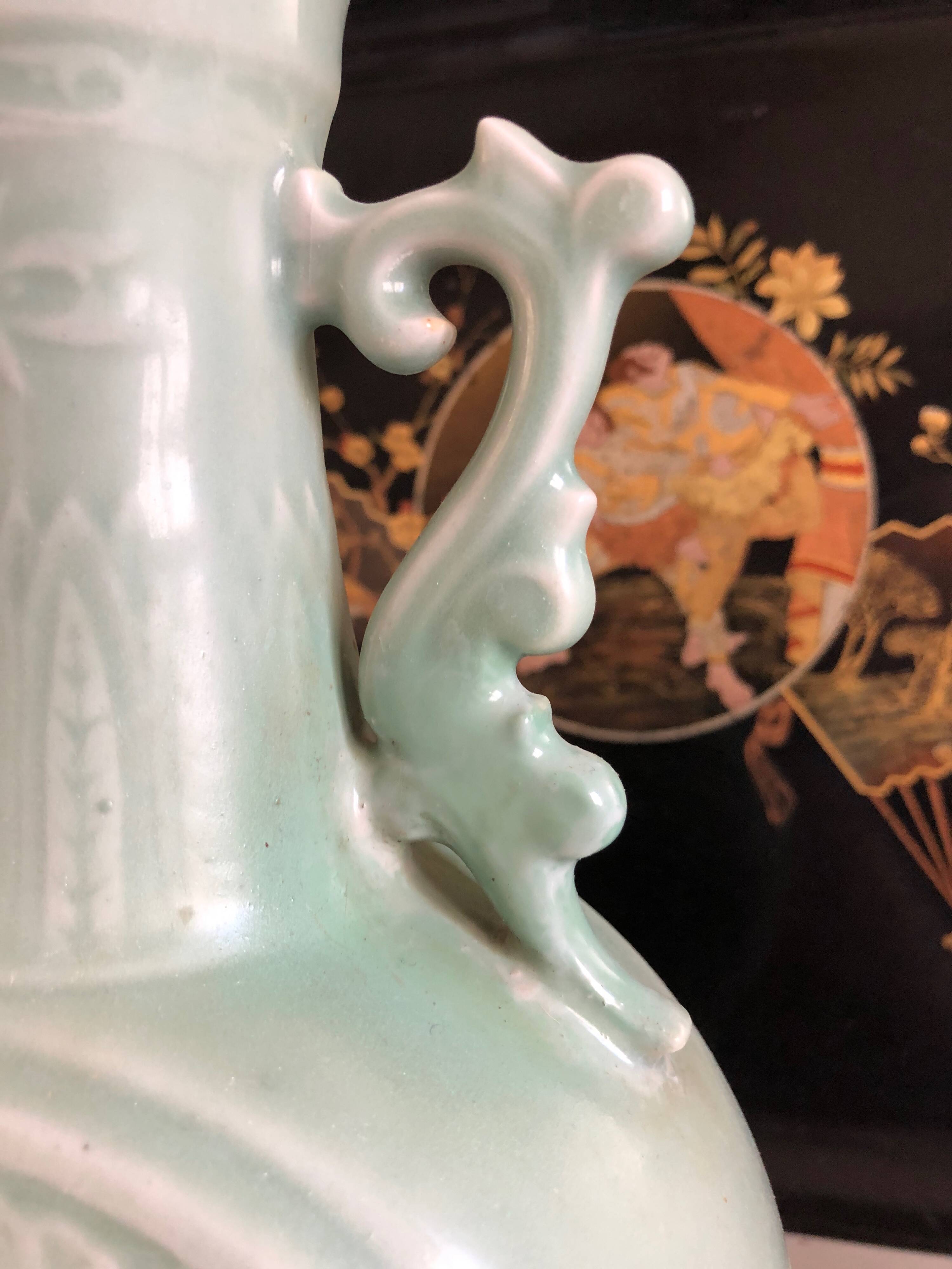 Bianhu Gourd Vase with handles Celadon porcelain/Relief decorations/China Qing dynasty late 19th century