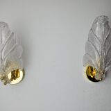 Pair of frosted leaf sconces, Murano glass, Italy, 1970
