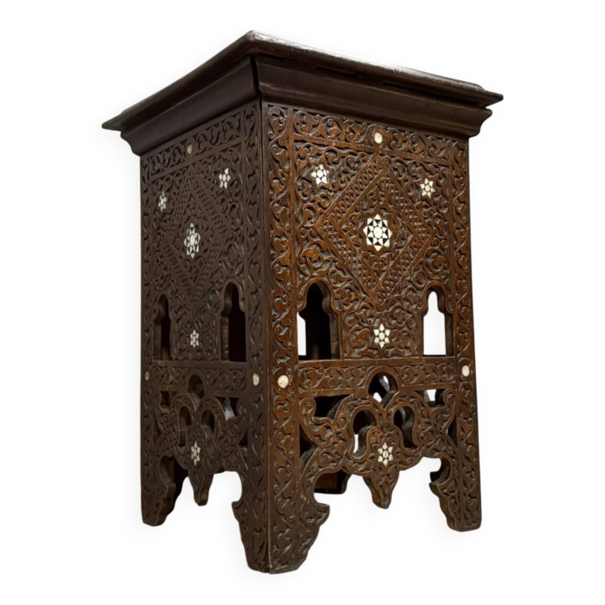Syrian stool or pedestal in openwork wood and mother-of-pearl circa 1880