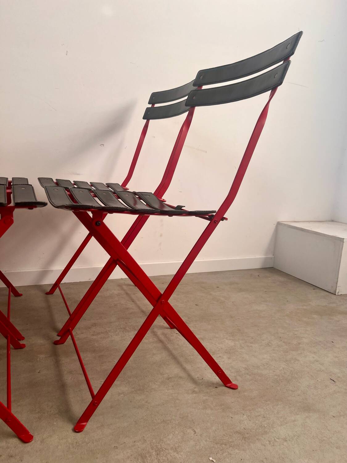 Set of 4 folding leather and metal chairs Italian design Zanuso for Zanotta Celestina vintage