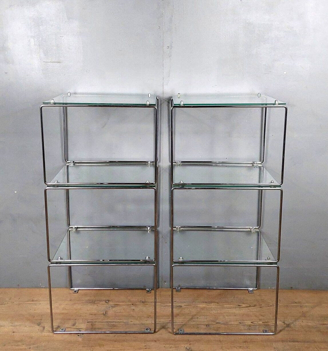 2 bookcases in Durflex glass and chromed metal circa 1970