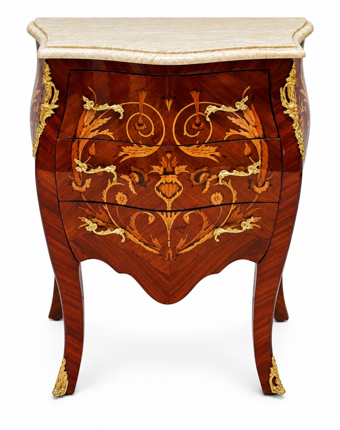 Marquetry chest of drawers with marble top in Louis XV style