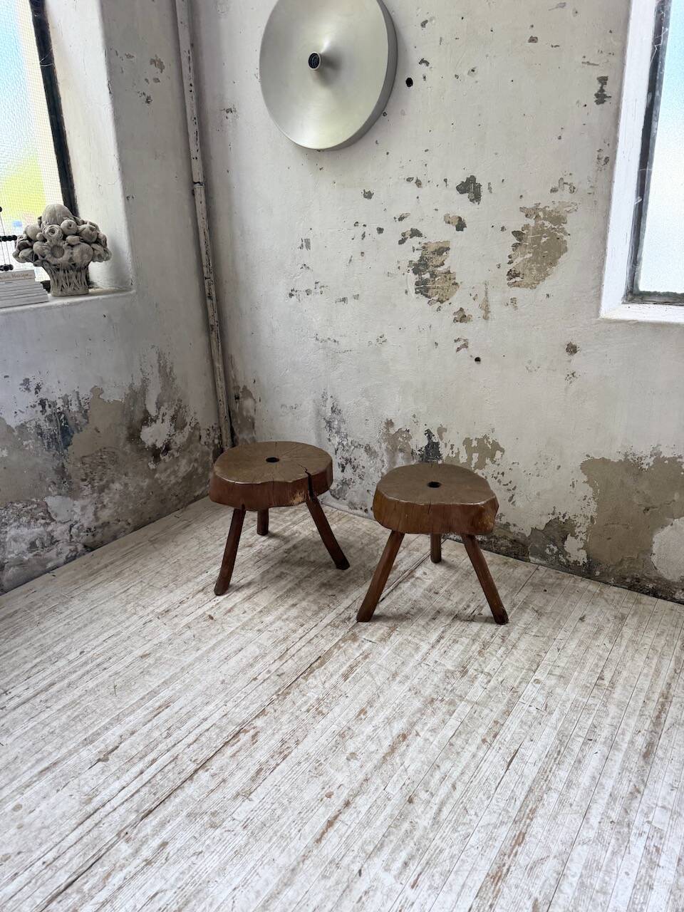 Pair of oak tripod shepherd's stools