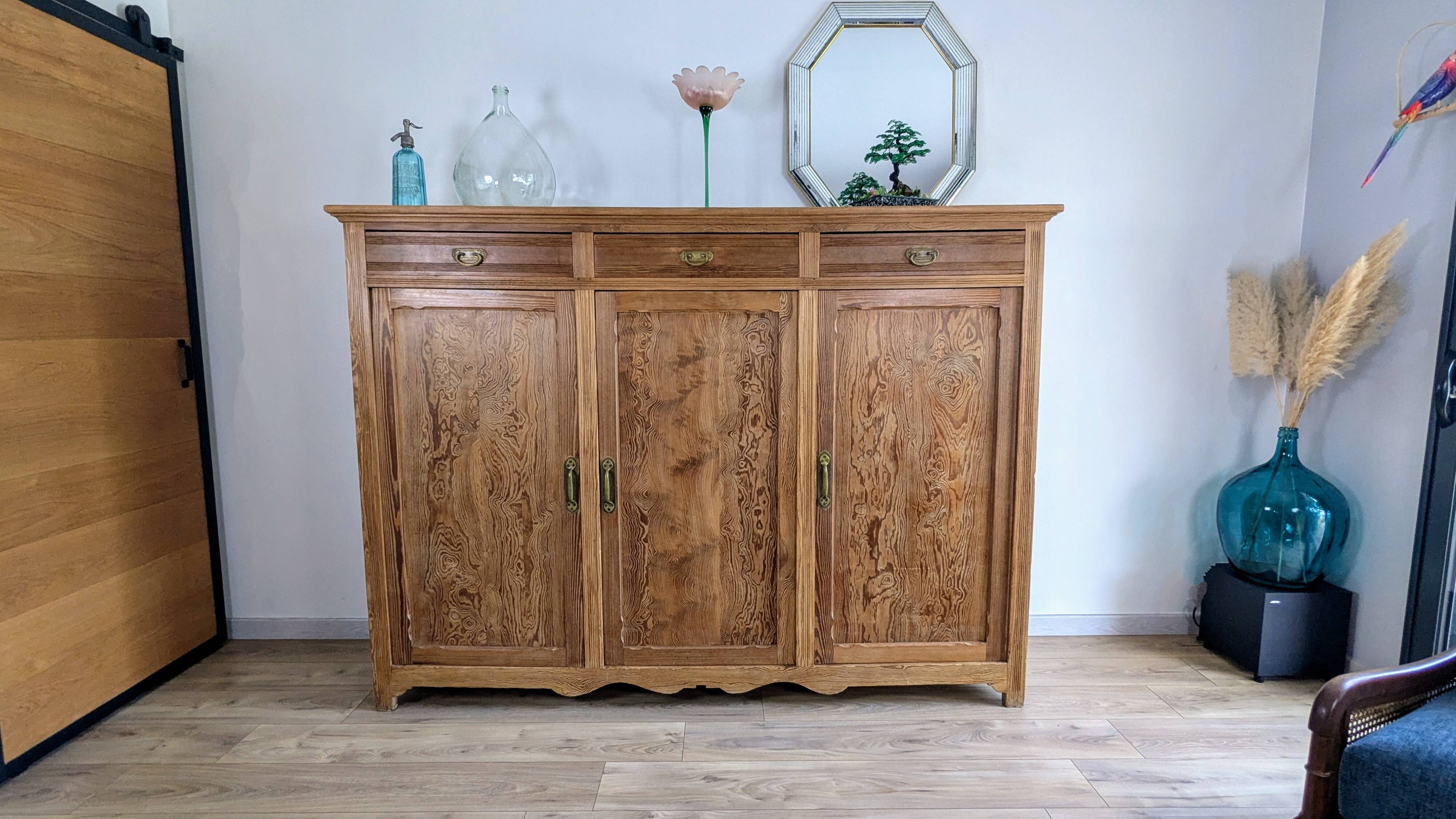 Large solid pitch pine sideboard, 206 x H150 cm, unique piece