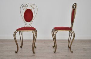 Patinated Brass, Wrought Iron, and Velvet Side Chairs, 1970s, Set of 2