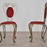 Patinated Brass, Wrought Iron, and Velvet Side Chairs, 1970s, Set of 2