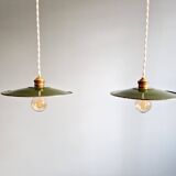 Pair of industrial pendant lights in green enamelled sheet metal