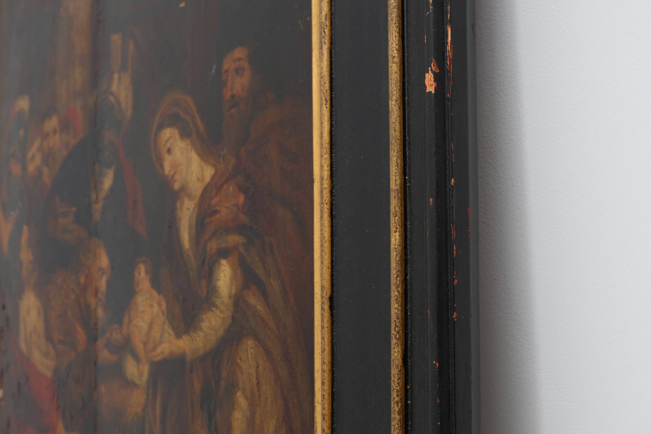 Flemish 18th century framed religious oil on wood painting Adoration of the