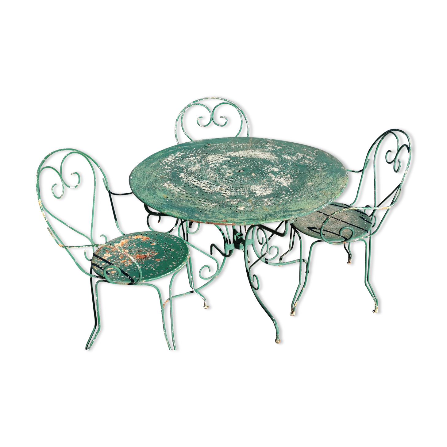 Garden table, two armchairs and a metal chair