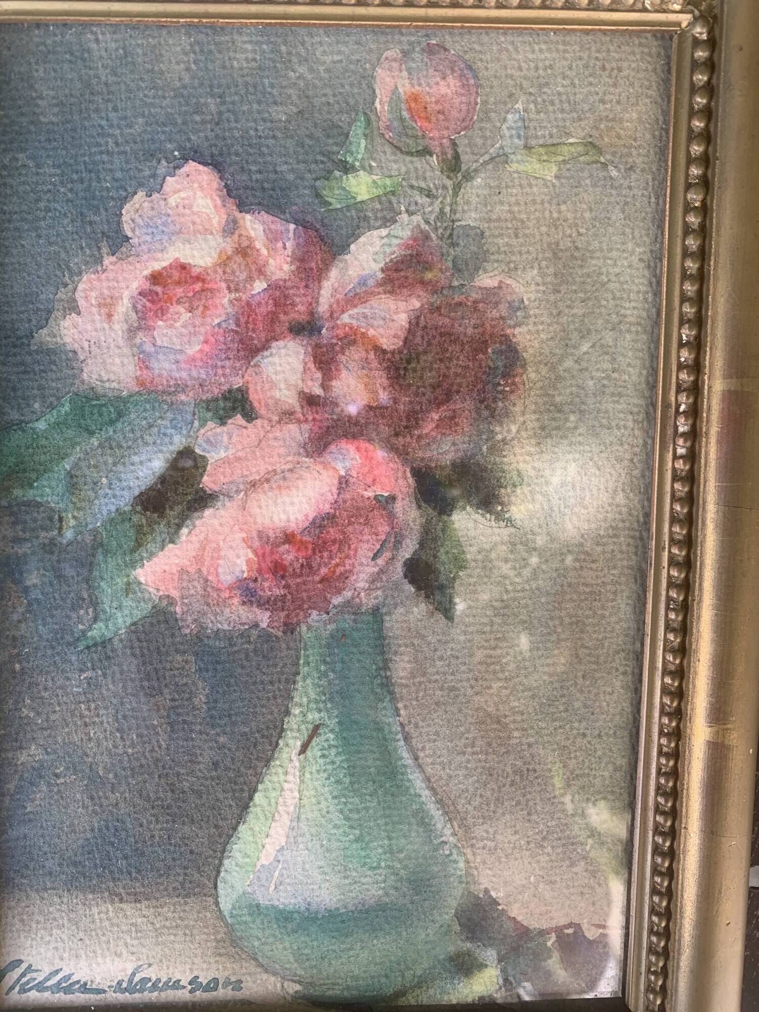 Watercolor still life, signed stella samson, bouquet of roses in a vase circa 1900
