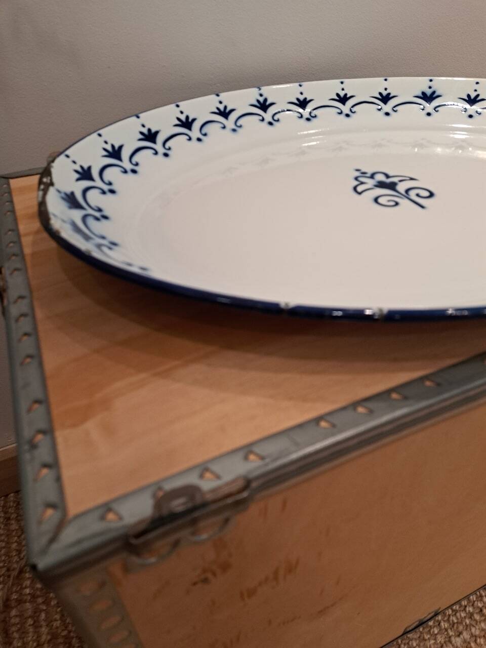 Vintage oval white enamel tray