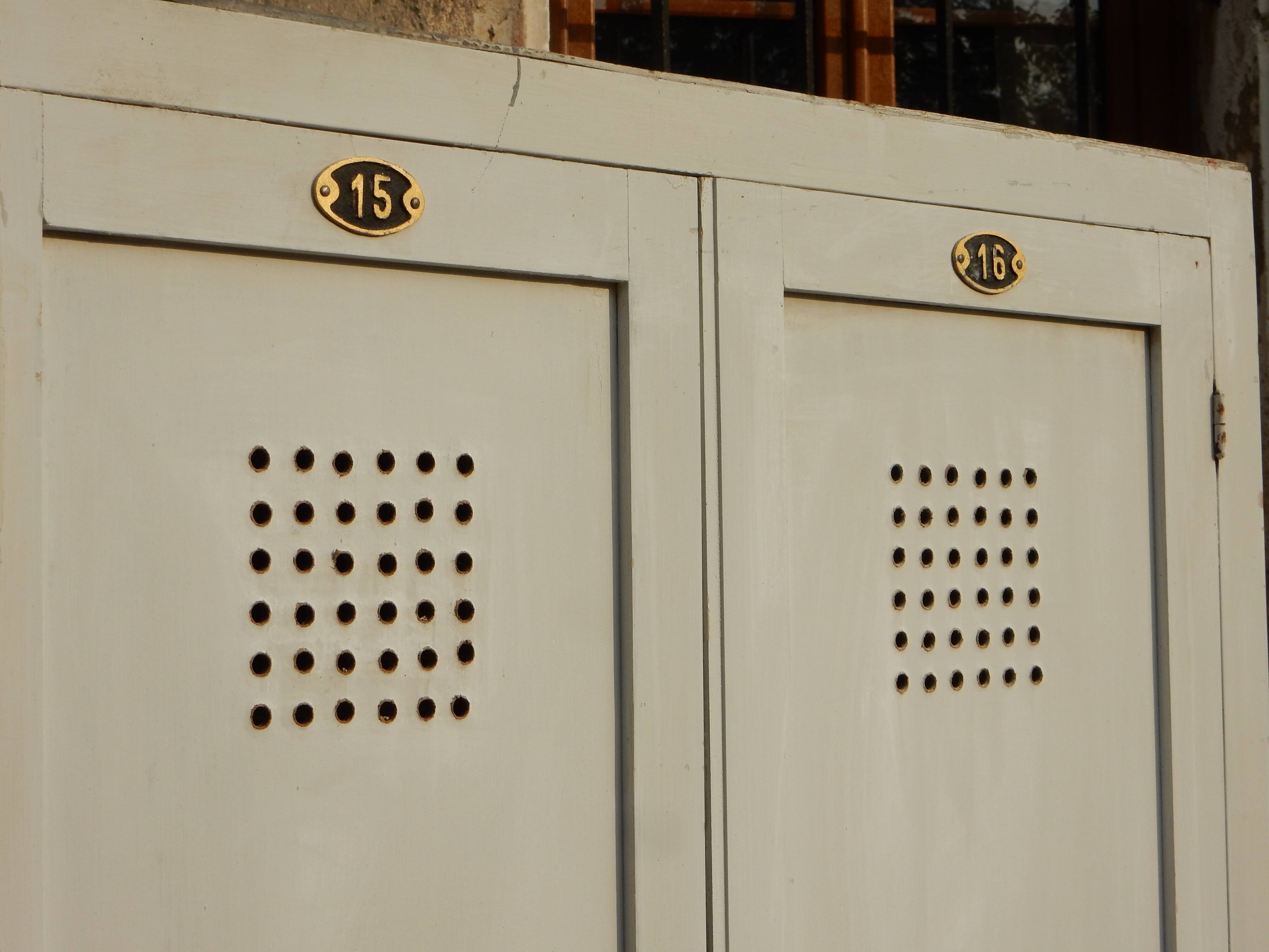 Wardrobe / Old industrial patinated wooden locker / Workshop furniture