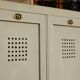Wardrobe / Old industrial patinated wooden locker / Workshop furniture