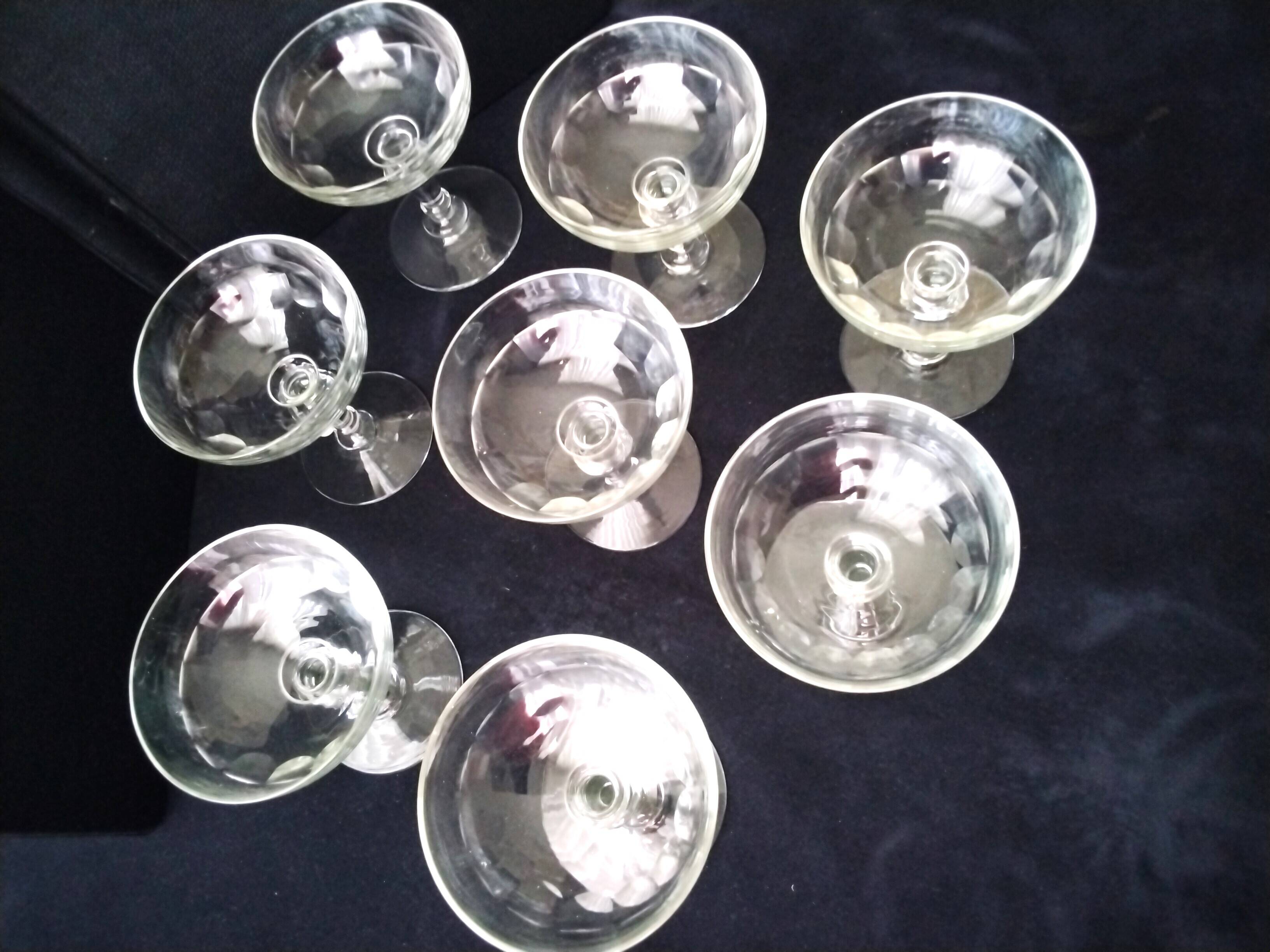 8 old glass champagne glasses