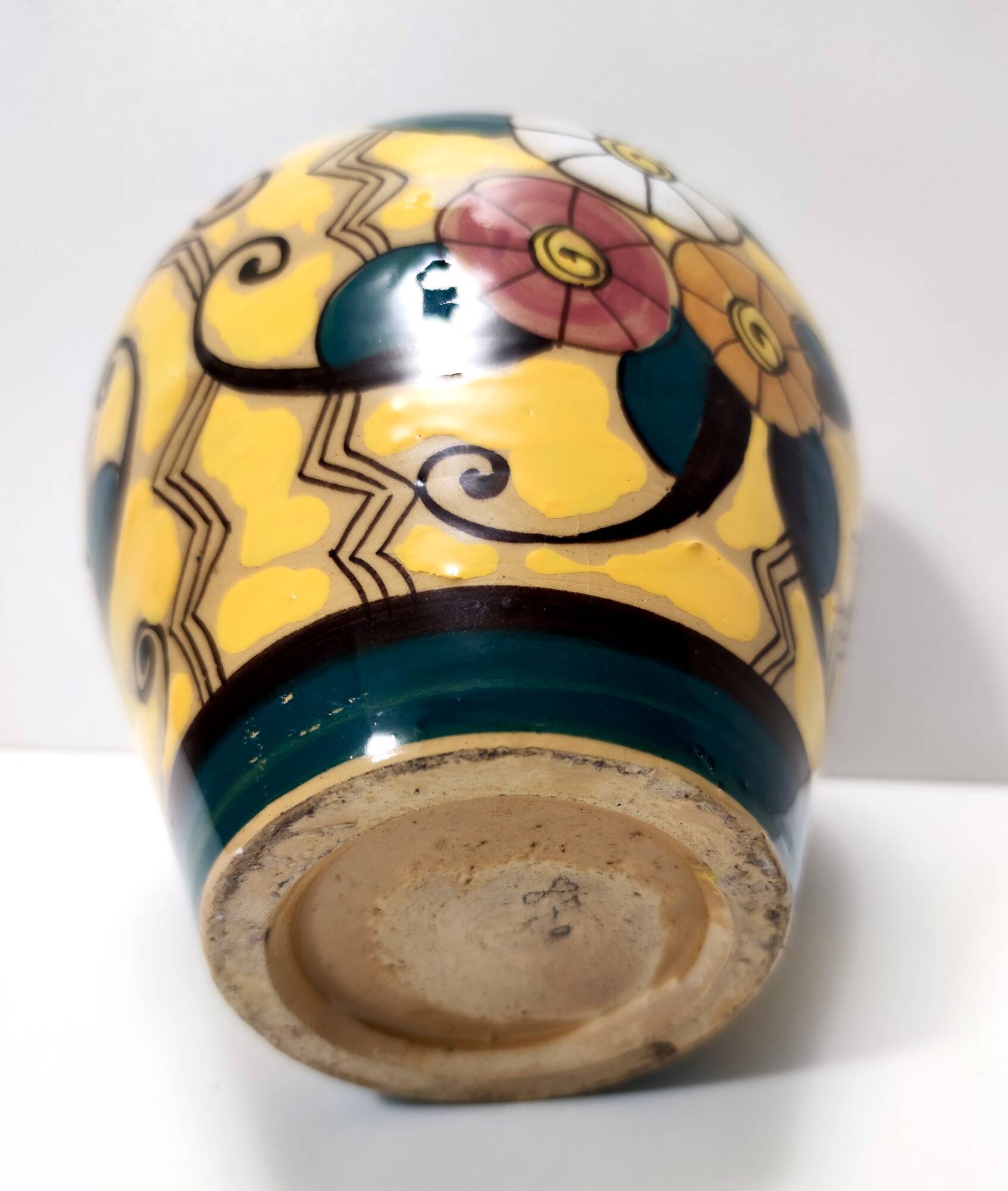 Futurist Yellow Glazed Earthenware Vase with Floral Motifs, Italy