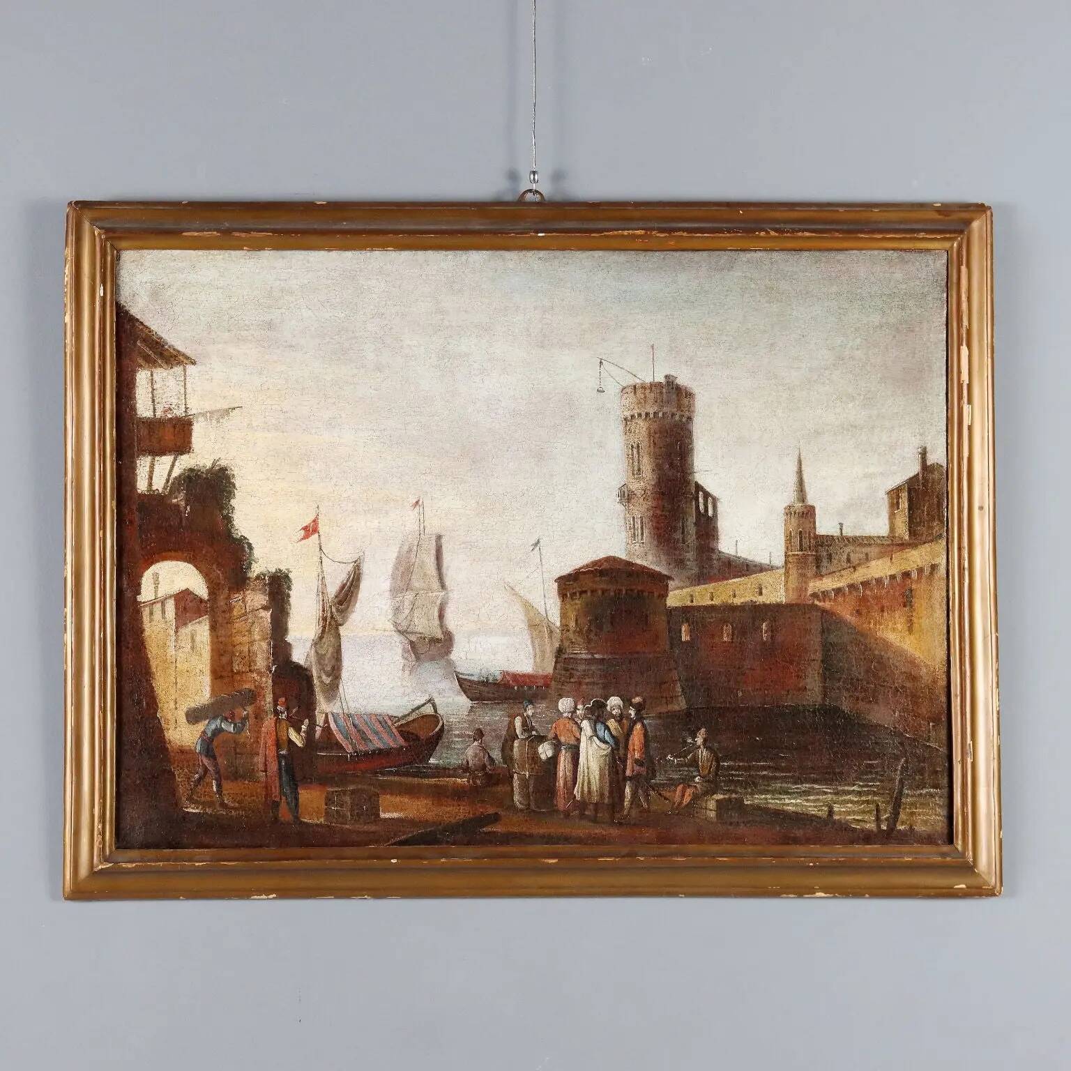 Ancient painting of a Mediterranean port scene, oil on canvas, 18th century.
