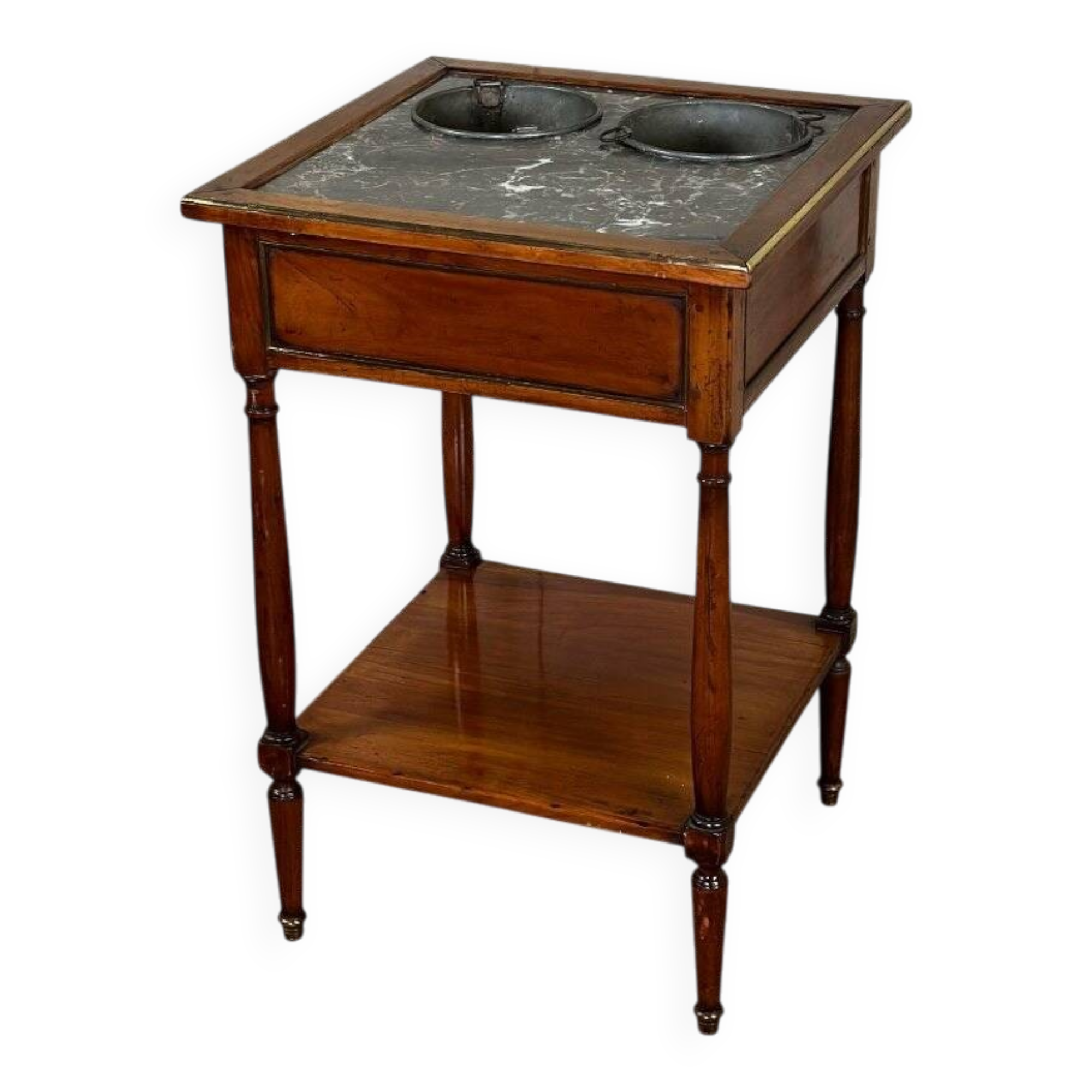 Refreshment table in mahogany, grey marble top, two zinc buckets, 18th century.