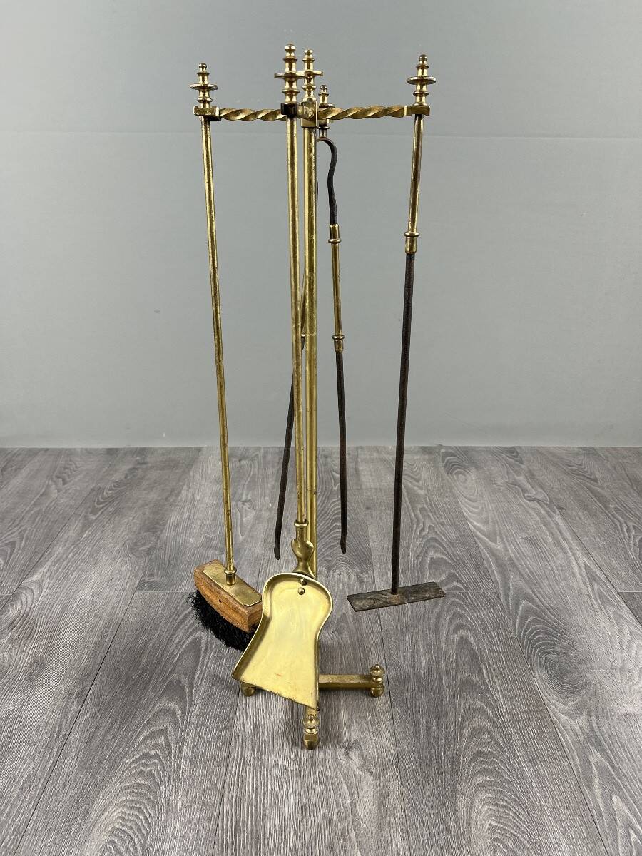 Brass fireplace set, Louis XVI style, fire screen, companion set and holder.