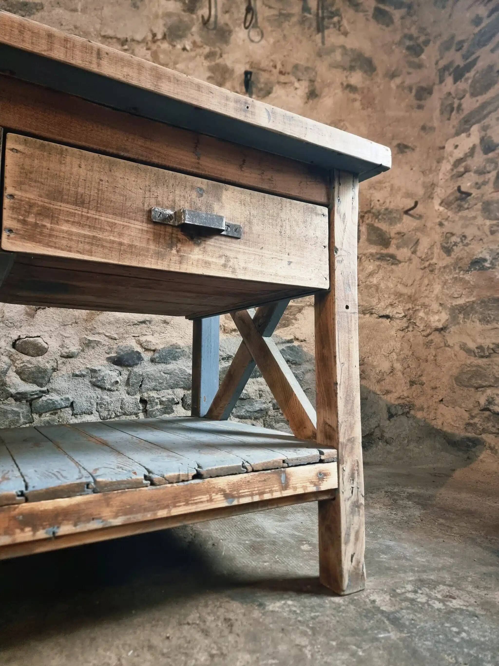 Vintage French industrial workbench – 1920s/1930s oak and pine table with drawer