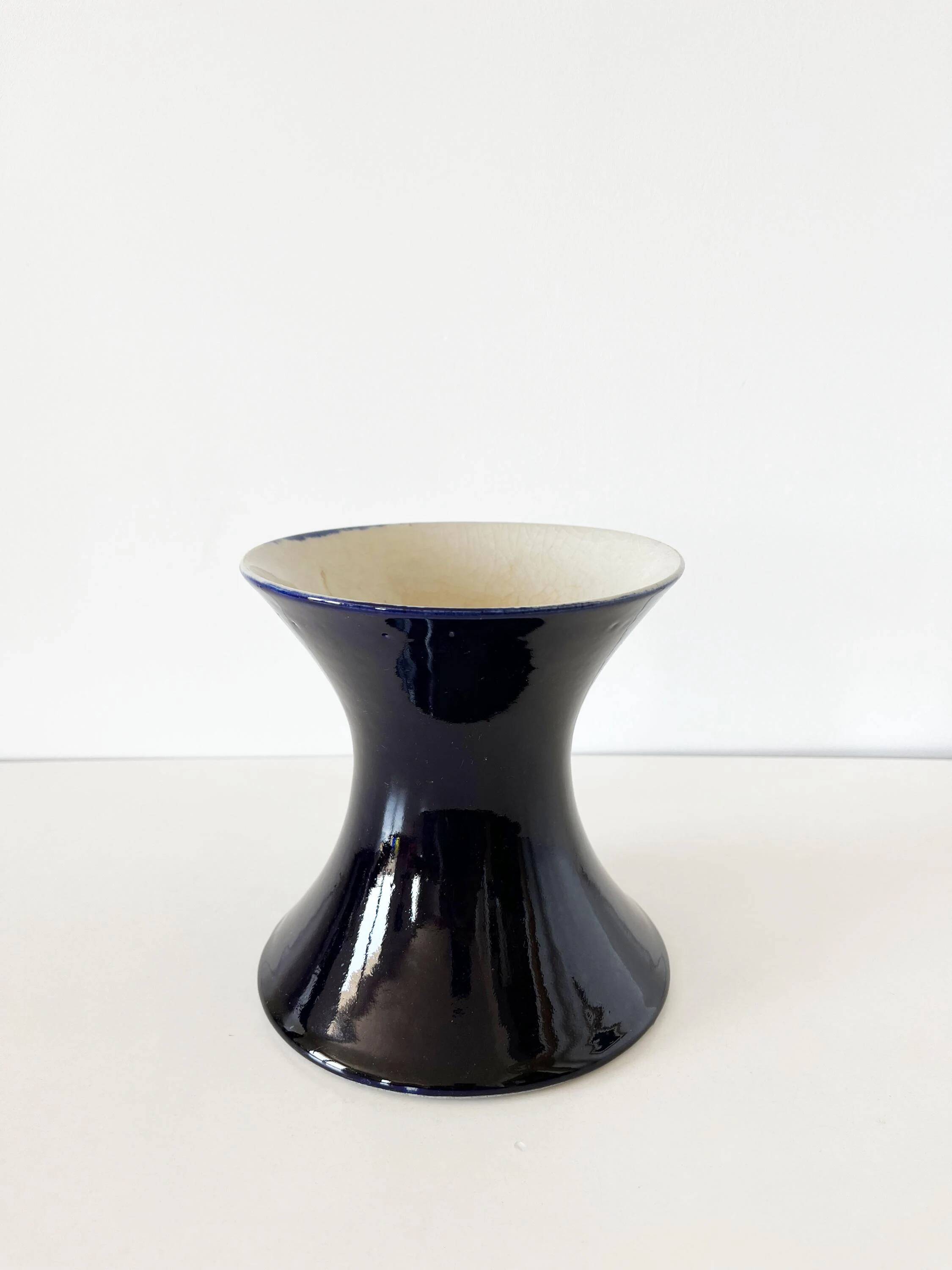 Blue ceramic diabolo vase, 1950