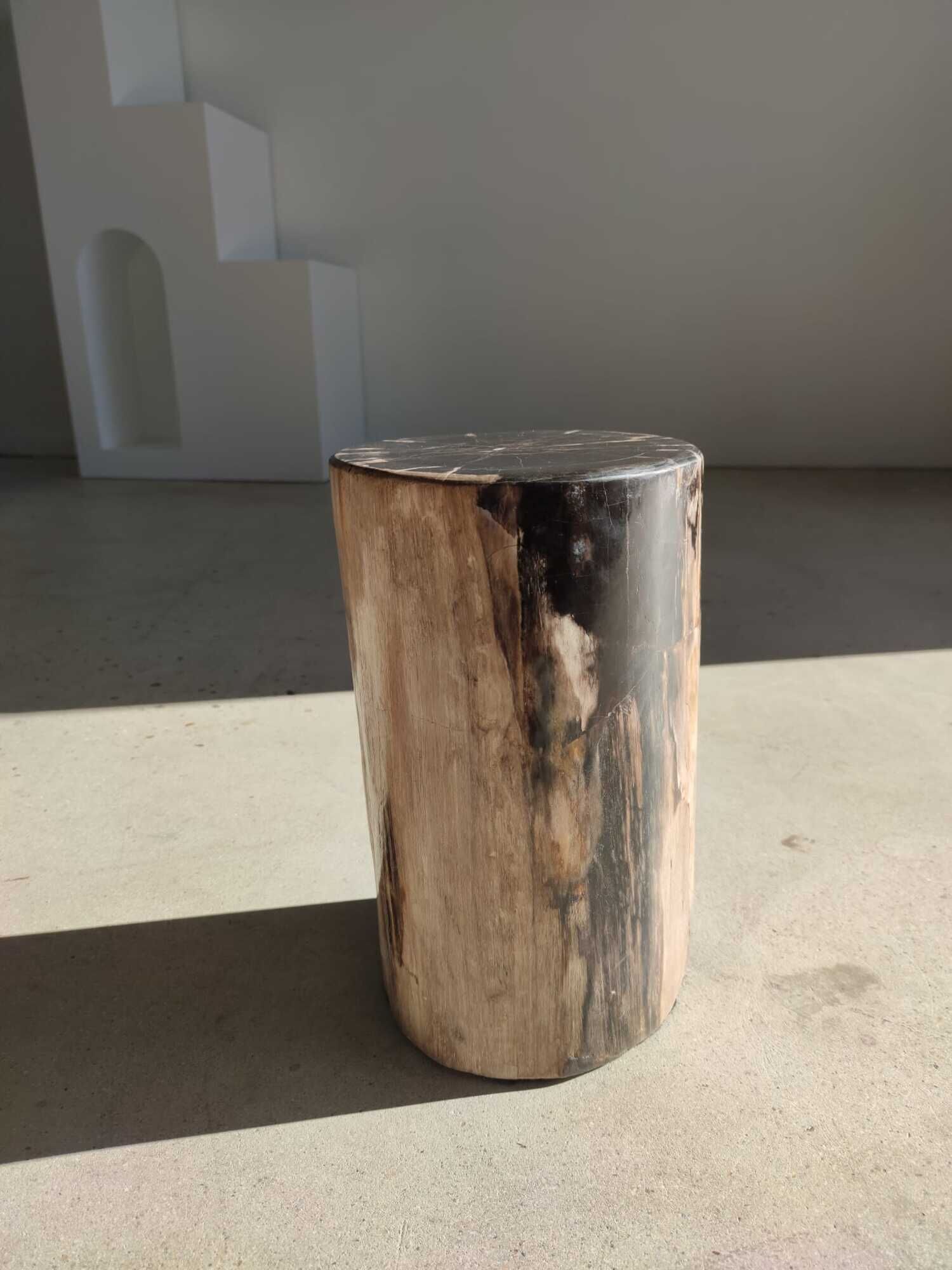 Table d'appoint en bois pétrifié noir et blanc - H:40,5cm D:25cm