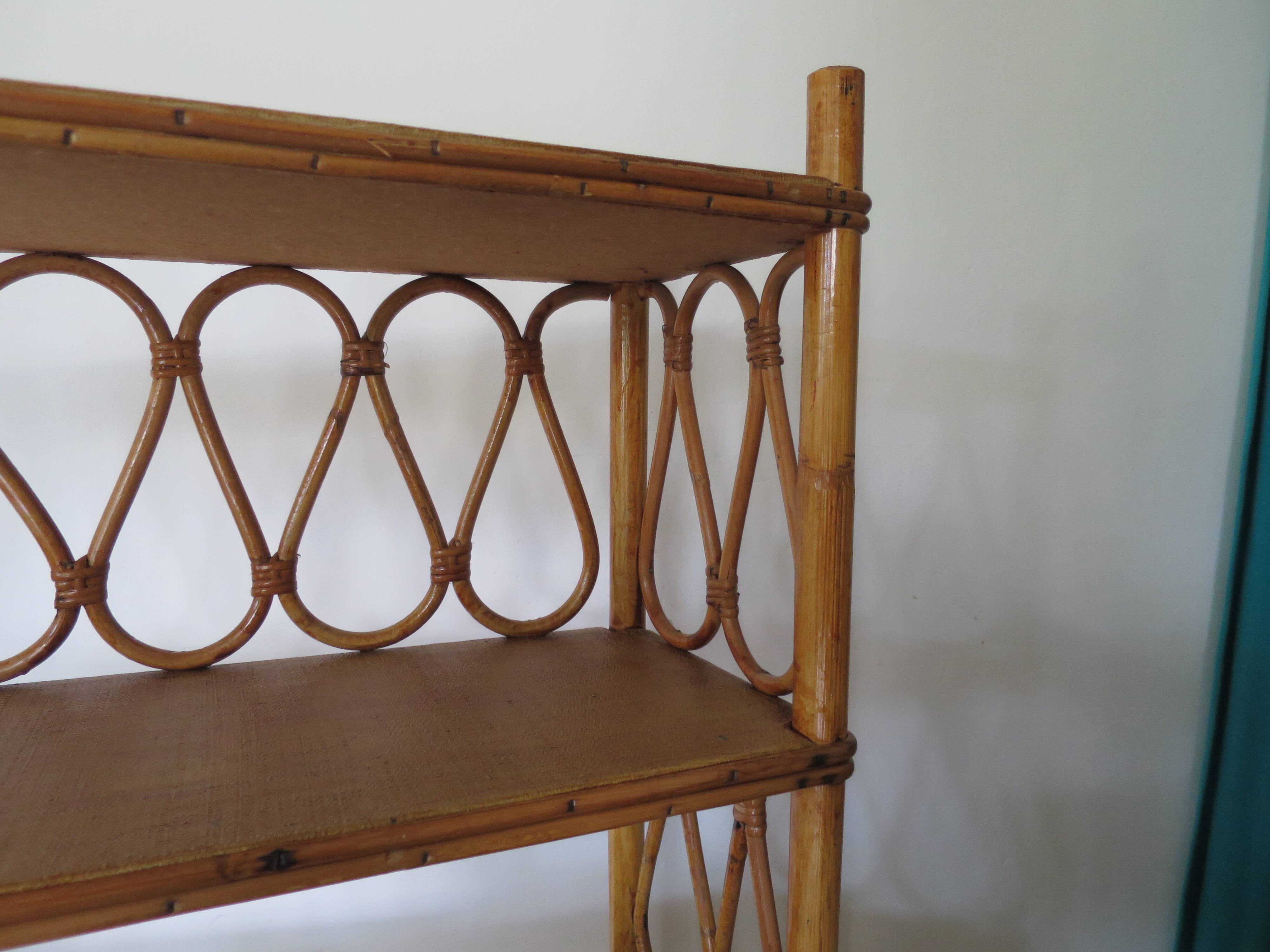Wooden and rattan bookcase, 1970s-1980s