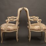 Pair of Louis XV style armchairs – Carved, gilded wood and brocade fabric