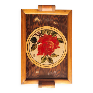 Art deco plateau, signed pola, painted glass, bamboo and rice straw.