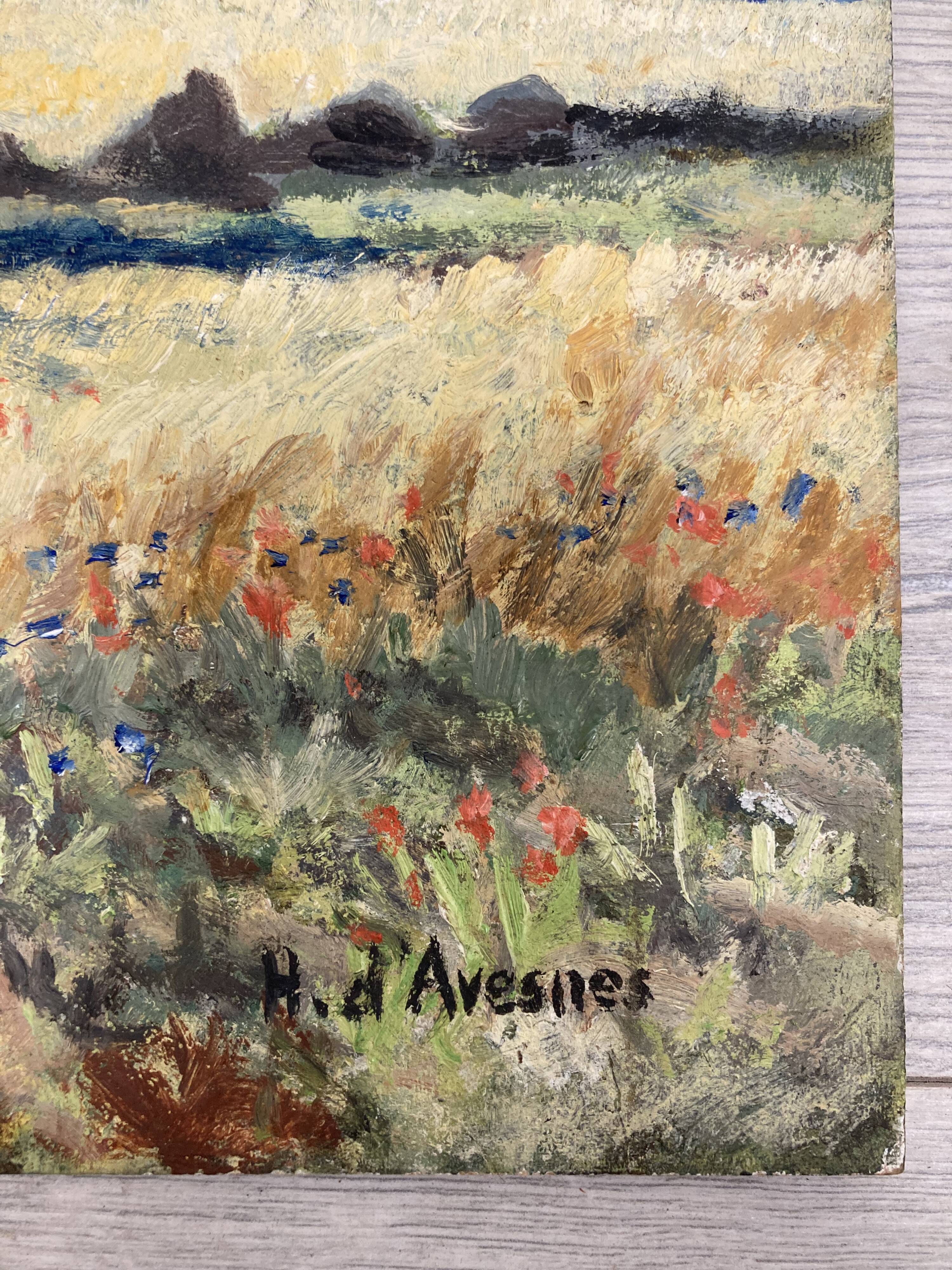 Landscape with poppies, oil on panel, Henry d'Avesnes (1907-1999)