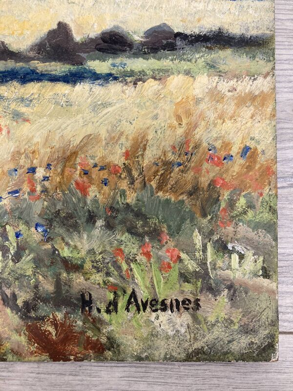 Paysage aux coquelicots, huile sur panneau, Henry d'Avesnes (1907-1999)