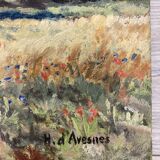 Landscape with poppies, oil on panel, Henry d'Avesnes (1907-1999)
