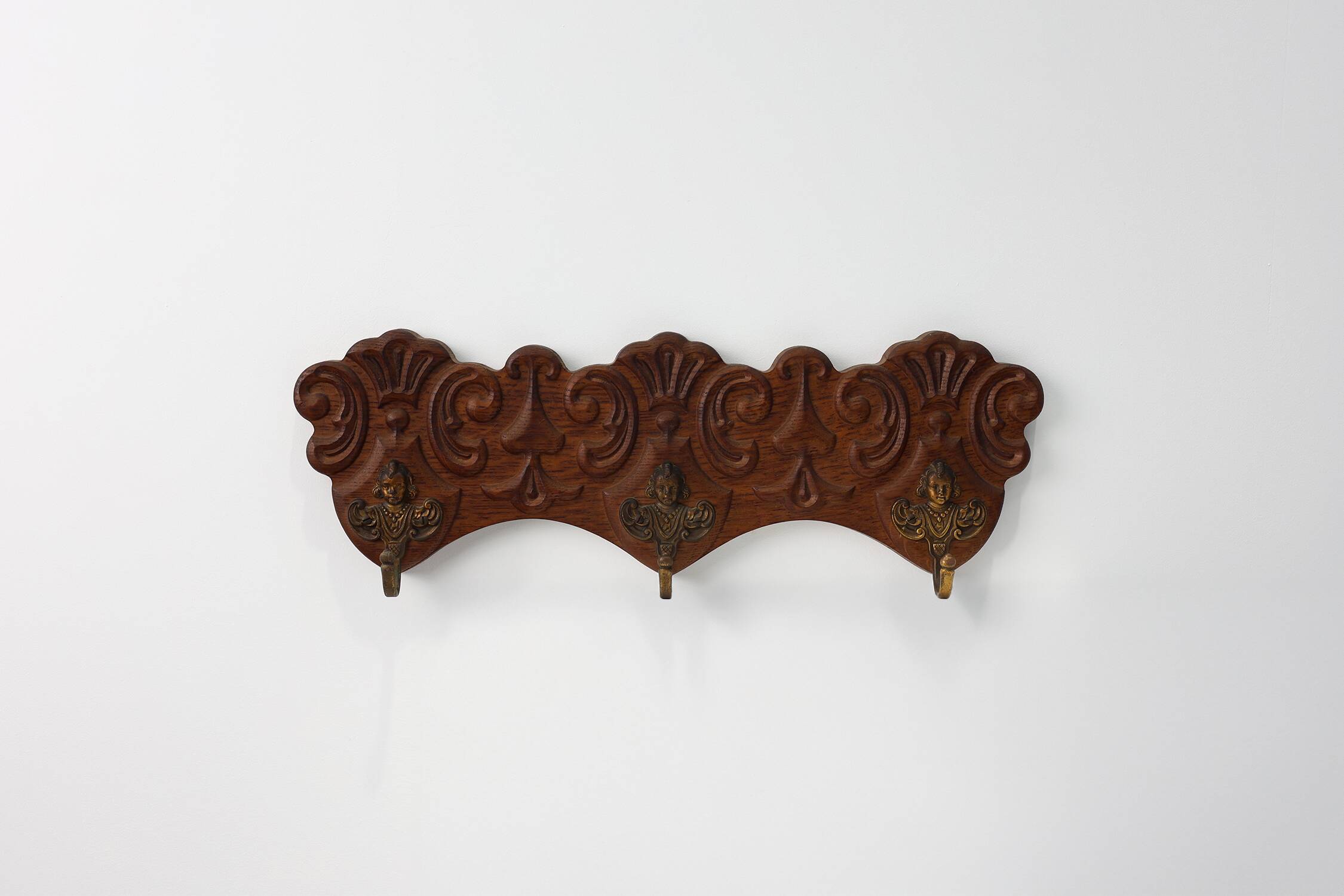 Antique Carved oak Wall mount coat rack with 3 brass angel hooks, France
