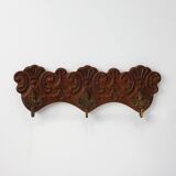 Antique Carved oak Wall mount coat rack with 3 brass angel hooks, France