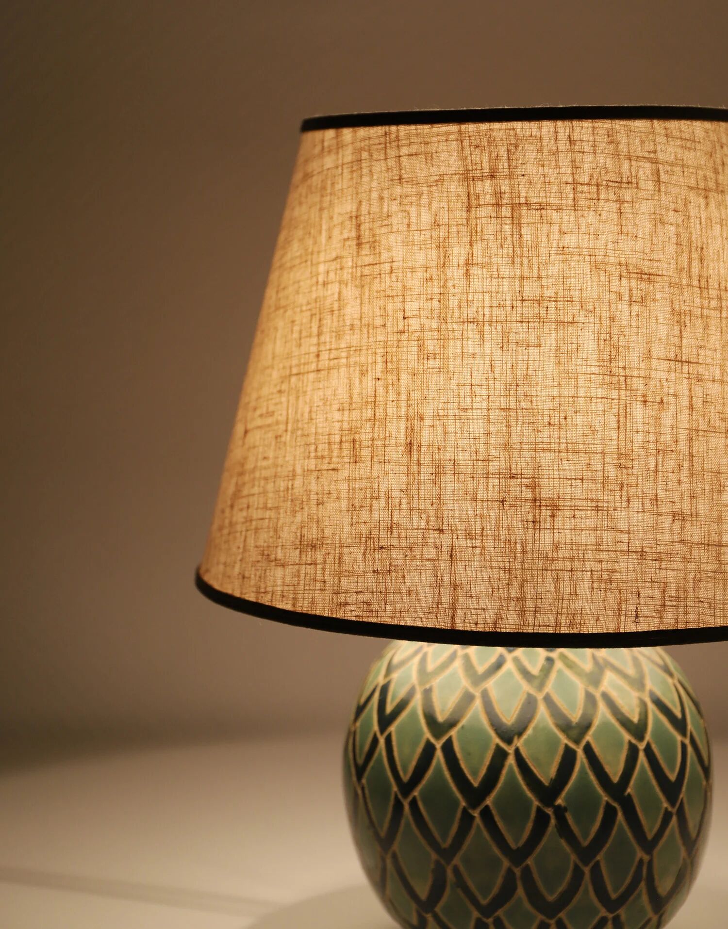 Recycled vintage lamp — ceramic art deco ball base and linen shade
