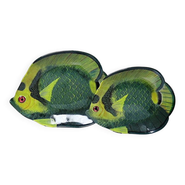 Paire de vide-poches poissons tropicaux vintages Allemands laqués main