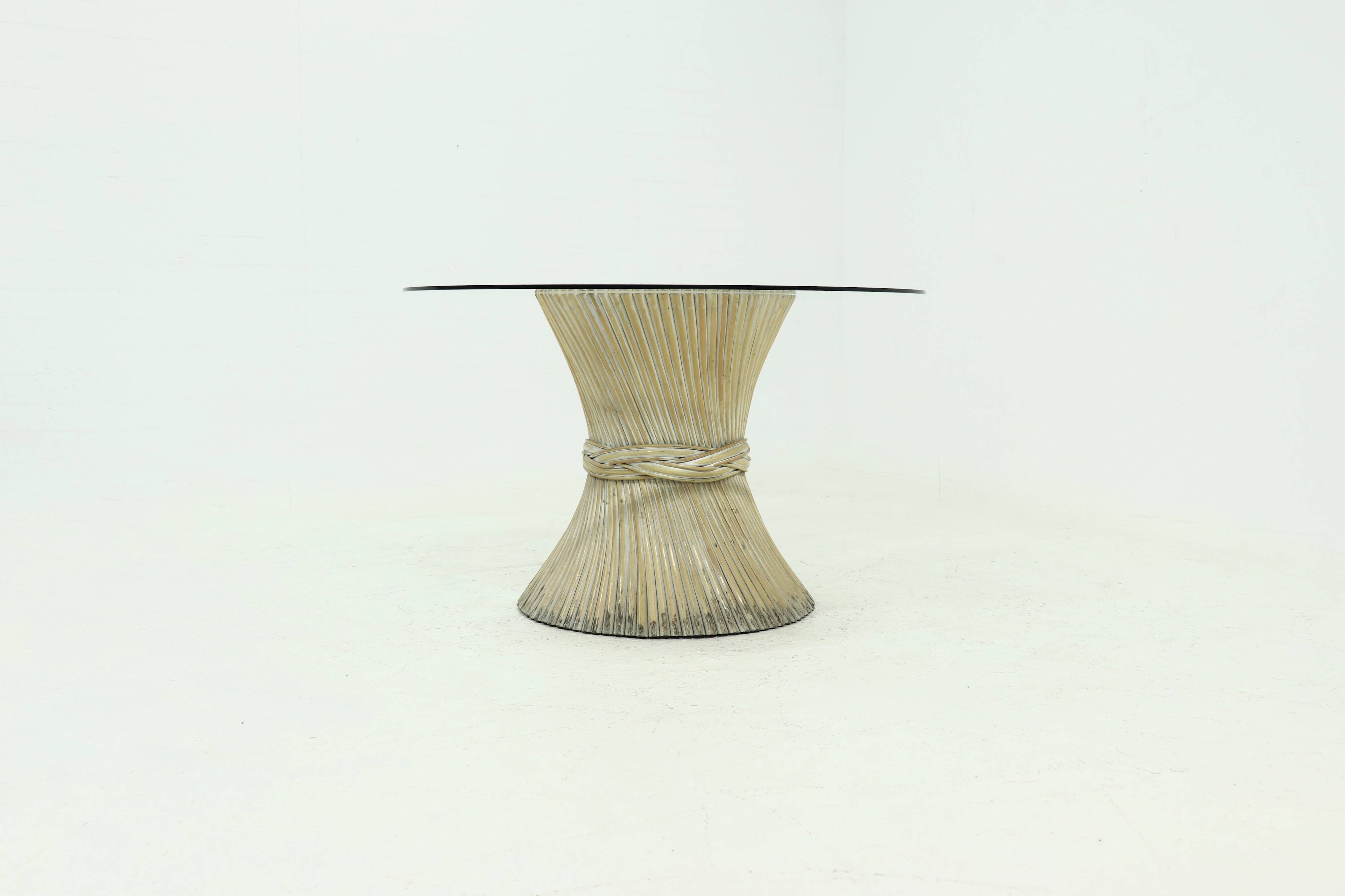 Bamboo and Glass Round Dining Table Attributed to McGuire, USA 1970s