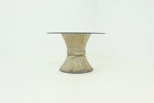 Table de salle à manger ronde en bambou et verre, attribuée à McGuire, États-Unis, années 1970