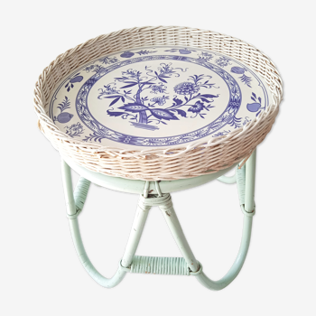 Vintage Boho rattan coffee table with scoubidou floral tray
