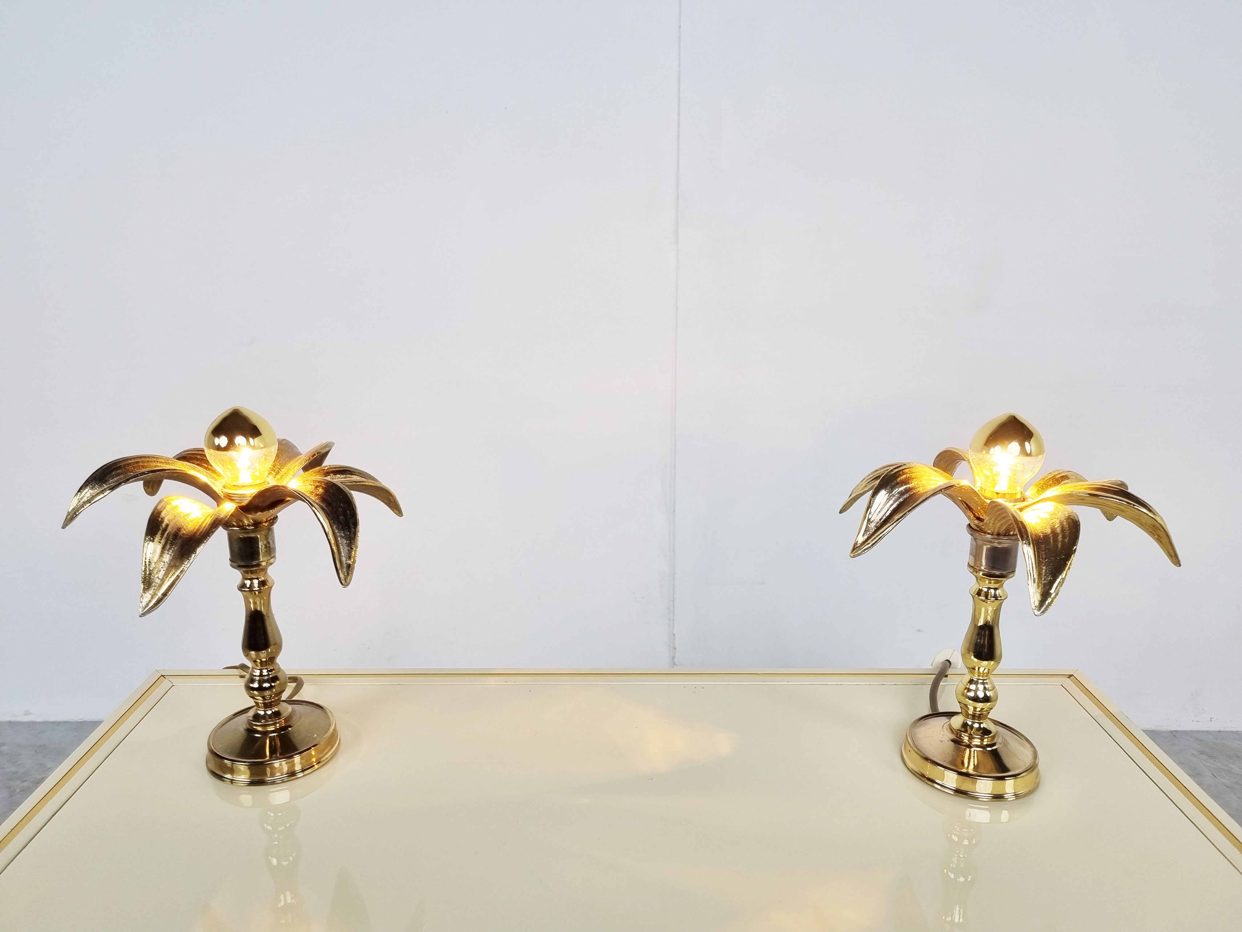 Pair of brass flower table lamps, 1970s