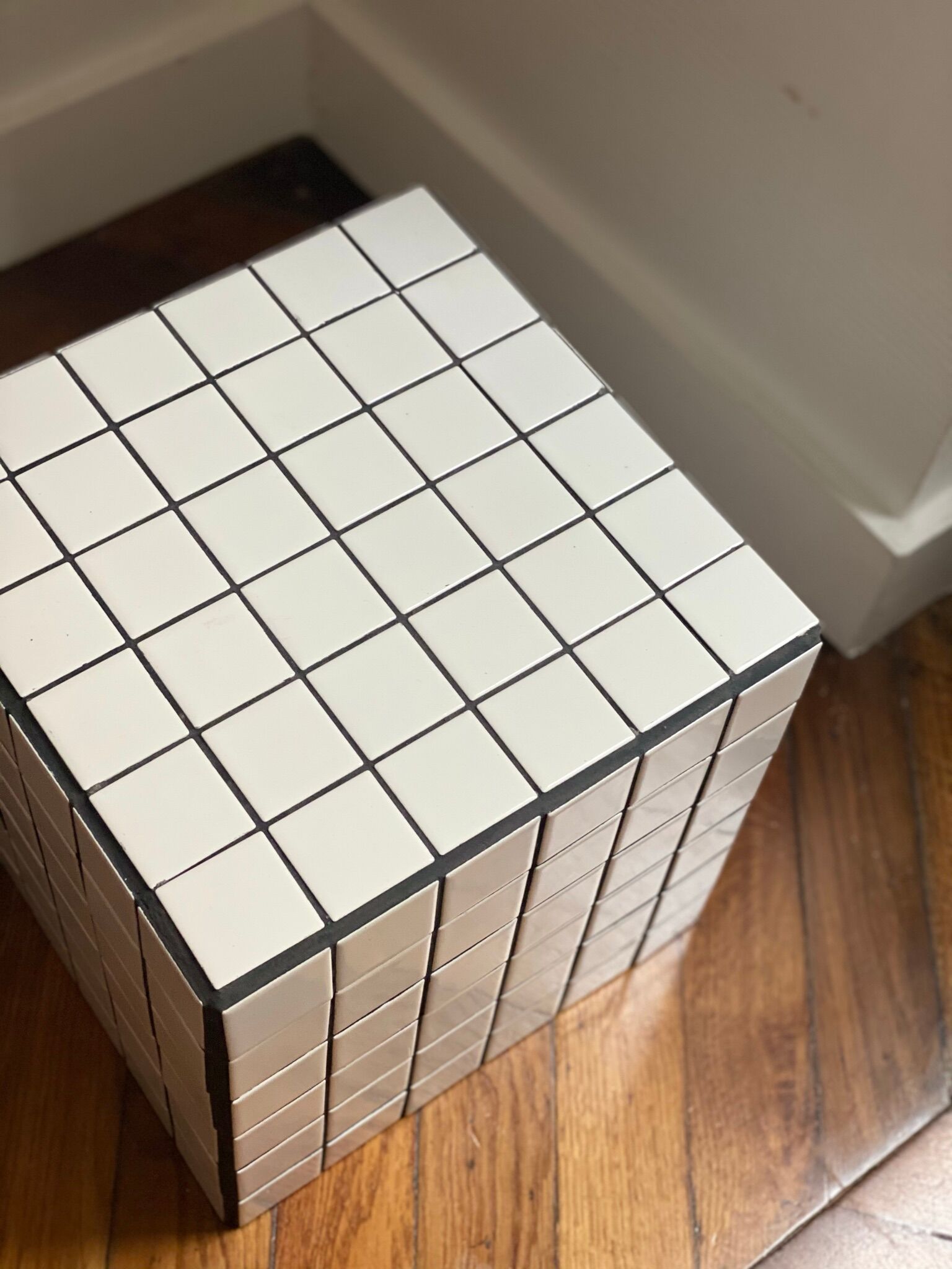 Checkerboard cube bedside table tiled white retro black tile