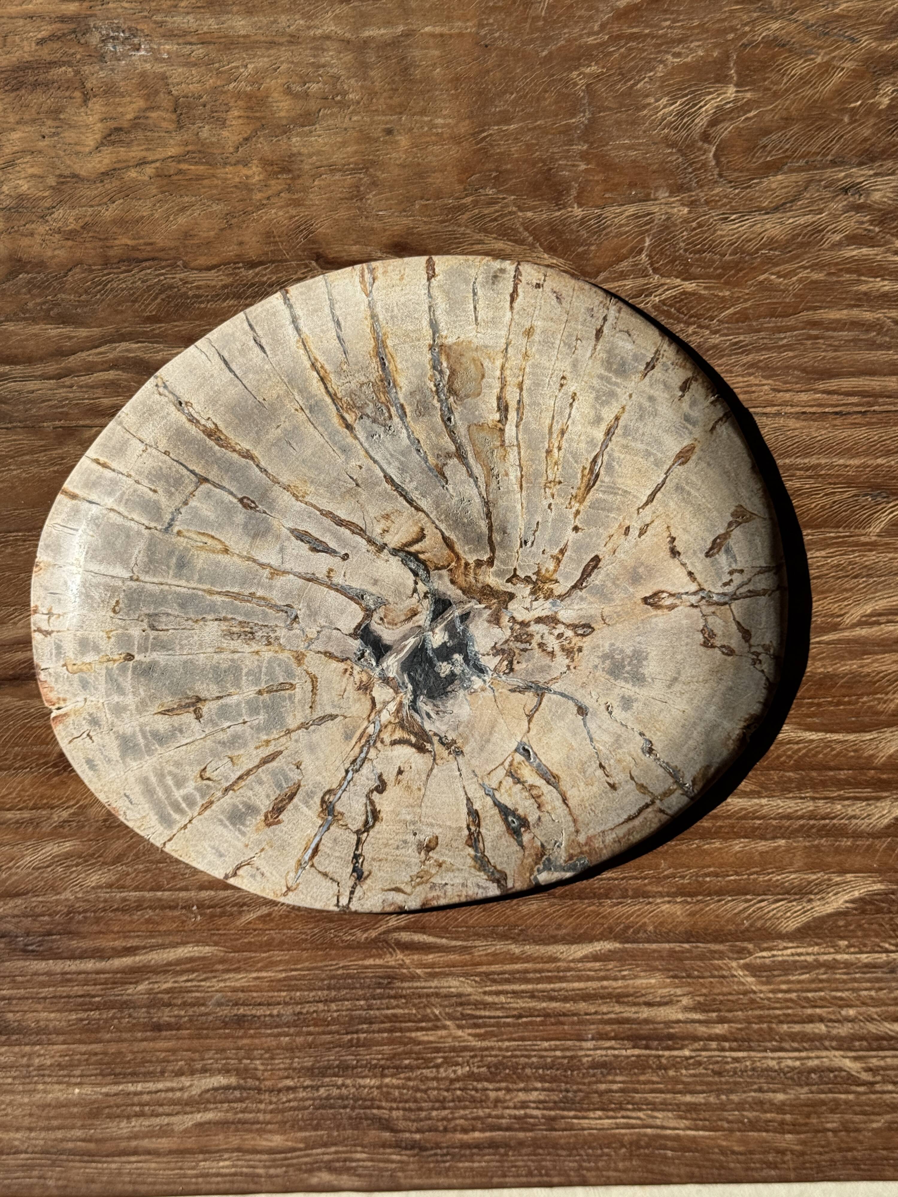 Petit vide poche ou plat en bois pétrifié beige cernes petit cœur noir