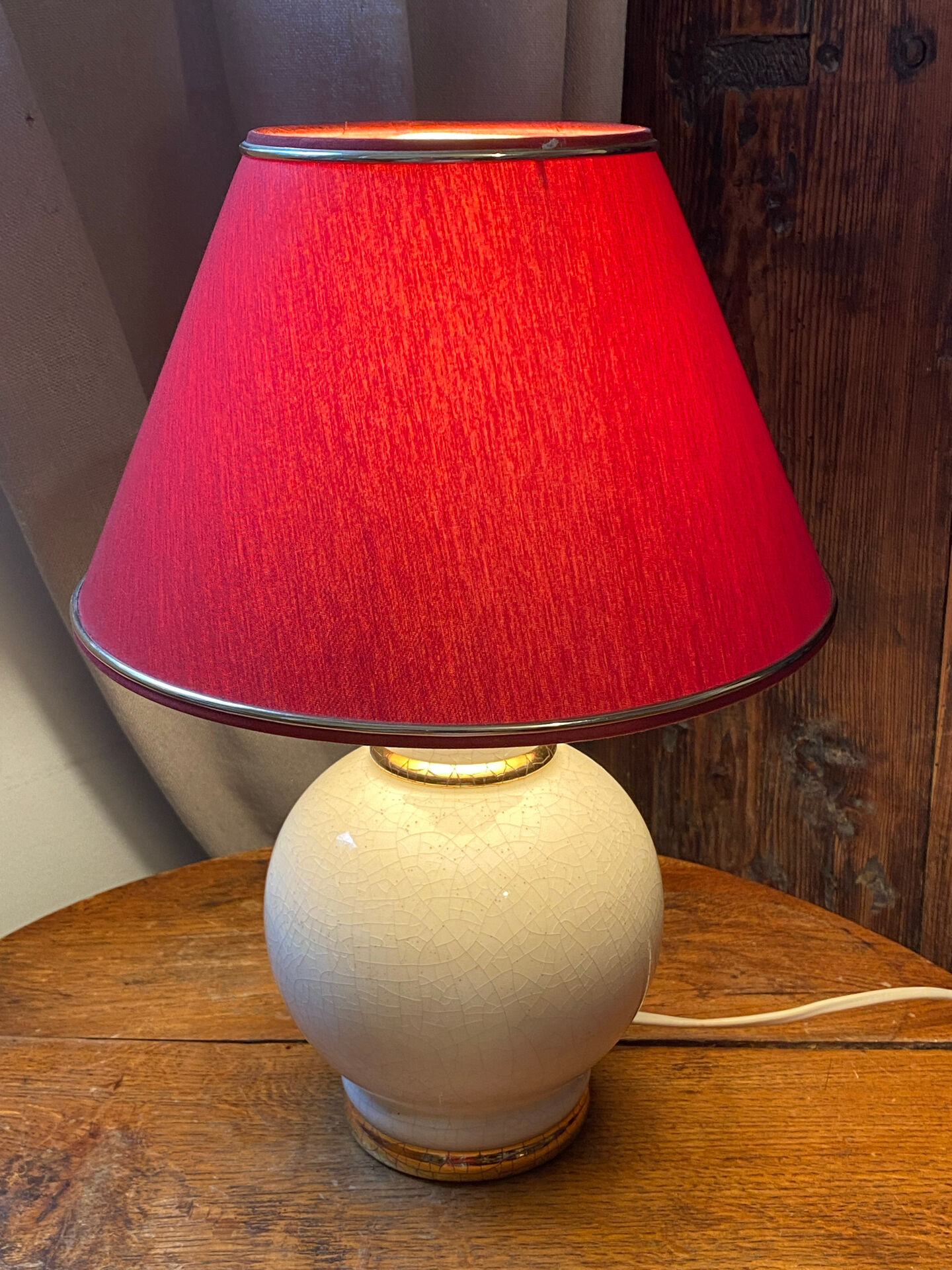 Cracked ceramic lamp, fabric shade, 1980s.